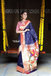 Rajsi~ Pure Silk Handloom - Muniya Border in Navy Blue with Rich Coral Zari Border - verymuchindian.com