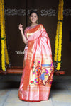 Rajsi~ Pure Silk Handloom - Muniya Border in Pastel Peach with Rich Coral Border (high quality silk) - verymuchindian.com