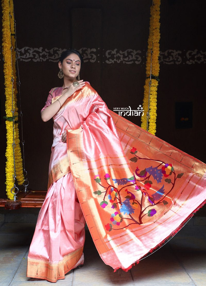Rajsi~ Pure Silk Handloom - Muniya Border in Pastel Peach with Rich Coral Border (high quality silk) - verymuchindian.com