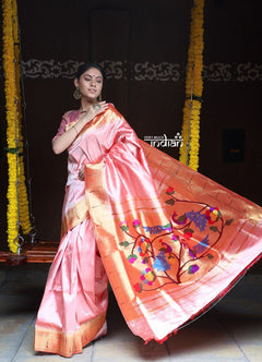 Rajsi~ Pure Silk Handloom - Muniya Border in Pastel Peach with Rich Coral Border (high quality silk) - verymuchindian.com