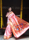 Rajsi~ Pure Silk Handloom - Muniya Border in Pastel Peach with Rich Coral Border (high quality silk) - verymuchindian.com