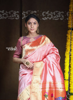 Rajsi~ Pure Silk Handloom - Muniya Border in Pastel Peach with Rich Coral Border (high quality silk) - verymuchindian.com