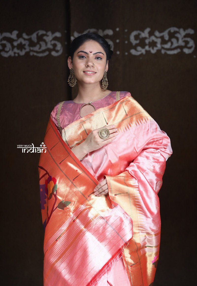 Rajsi~ Pure Silk Handloom - Muniya Border in Pastel Peach with Rich Coral Border (high quality silk) - verymuchindian.com