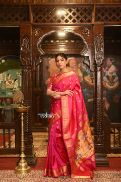 ROYAL WEAVE! Authentic Pure Silk Handloom Bestseller Royal Pink Maharani Paithani With Exclusive Maharani Pallu - verymuchindian.com