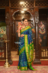 ROYAL WEAVE! Authentic Pure Silk Handloom Maharani Paithani - Peacock Blue with Green - verymuchindian.com