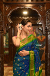 ROYAL WEAVE! Authentic Pure Silk Handloom Maharani Paithani - Peacock Blue with Green - verymuchindian.com