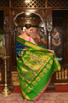 ROYAL WEAVE! Authentic Pure Silk Handloom Maharani Paithani - Peacock Blue with Green - verymuchindian.com