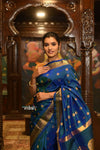 ROYAL WEAVE BESTSELLER! Authentic Pure Silk Handloom Peacock Blue Dual Tone Maharani Paithani With Exclusive Maharani Pallu - verymuchindian.com