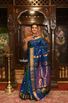 ROYAL WEAVE BESTSELLER! Authentic Pure Silk Handloom Peacock Blue Dual Tone Maharani Paithani With Exclusive Maharani Pallu - verymuchindian.com