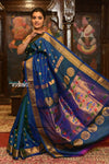 ROYAL WEAVE BESTSELLER! Authentic Pure Silk Handloom Peacock Blue Dual Tone Maharani Paithani With Exclusive Maharani Pallu - verymuchindian.com