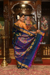 ROYAL WEAVE BESTSELLER! Authentic Pure Silk Handloom Peacock Blue Dual Tone Maharani Paithani With Exclusive Maharani Pallu - verymuchindian.com