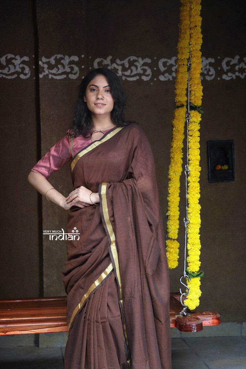 Saadgi ~Pure Cotton Handloom Sarees with Intricate Borders ~ Brown - verymuchindian.com