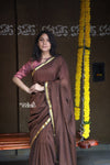 Saadgi ~Pure Cotton Handloom Sarees with Intricate Borders ~ Brown - verymuchindian.com
