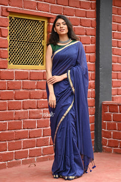 Saadgi ~Pure Cotton Handloom Sarees with Intricate Borders ~ Dark Blue - verymuchindian.com