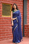 Saadgi ~Pure Cotton Handloom Sarees with Intricate Borders ~ Dark Blue - verymuchindian.com
