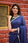 Saadgi ~Pure Cotton Handloom Sarees with Intricate Borders ~ Dark Blue - verymuchindian.com