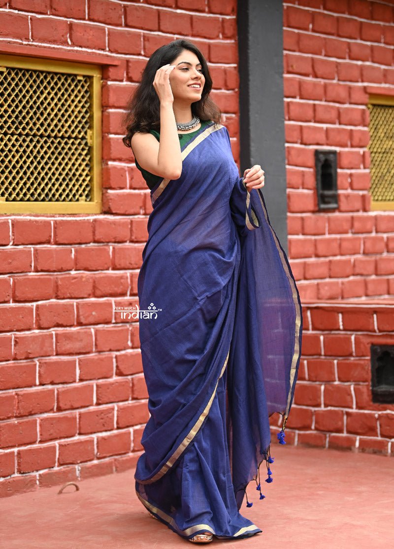 Saadgi ~Pure Cotton Handloom Sarees with Intricate Borders ~ Dark Blue - verymuchindian.com