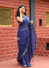 Saadgi ~Pure Cotton Handloom Sarees with Intricate Borders ~ Dark Blue - verymuchindian.com
