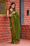 Saadgi ~Pure Cotton Handloom Sarees with Intricate Borders ~ Green - verymuchindian.com