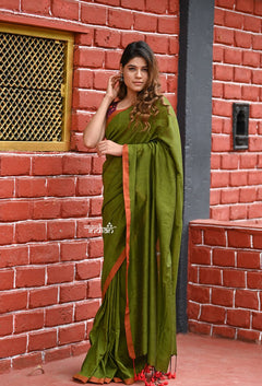Saadgi ~Pure Cotton Handloom Sarees with Intricate Borders ~ Green - verymuchindian.com