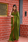 Saadgi ~Pure Cotton Handloom Sarees with Intricate Borders ~ Green - verymuchindian.com