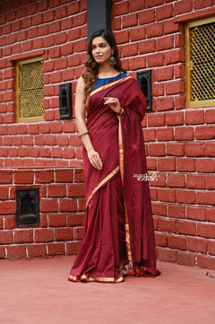 Saadgi ~Pure Cotton Handloom Sarees with Intricate Borders ~ Maroon - verymuchindian.com