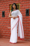 Saadgi ~Pure Cotton Handloom Sarees with Intricate Borders ~ White - verymuchindian.com