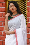 Saadgi ~Pure Cotton Handloom Sarees with Intricate Borders ~ White - verymuchindian.com
