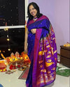 SUPER EXCLUSIVE! Handloom Pure Silk Dark Violet Muniya Border Paithani With Gorgeous Swan Pallu - verymuchindian.com