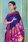 SUPER EXCLUSIVE! Handloom Pure Silk Dark Violet Muniya Border Paithani With Gorgeous Swan Pallu - verymuchindian.com