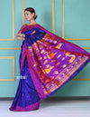 SUPER EXCLUSIVE! Handloom Pure Silk Dark Violet Muniya Border Paithani With Gorgeous Swan Pallu - verymuchindian.com