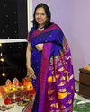 SUPER EXCLUSIVE! Handloom Pure Silk Dark Violet Muniya Border Paithani With Gorgeous Swan Pallu - verymuchindian.com