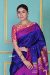 SUPER EXCLUSIVE! Handloom Pure Silk Dark Violet Muniya Border Paithani With Gorgeous Swan Pallu - verymuchindian.com