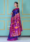 SUPER EXCLUSIVE! Handloom Pure Silk Dark Violet Muniya Border Paithani With Gorgeous Swan Pallu - verymuchindian.com