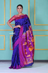 SUPER EXCLUSIVE! Handloom Pure Silk Dark Violet Muniya Border Paithani With Gorgeous Swan Pallu - verymuchindian.com
