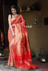 The Exclusive - Limited Edition Muniya Border - Authentic Handloom Pure Silk Muniya Border Paithani with all over Zari work on Saree and unique Pallu in Red Color (High Quality Silk and Weaving) - verymuchindian.com