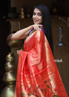 The Exclusive - Limited Edition Muniya Border - Authentic Handloom Pure Silk Muniya Border Paithani with all over Zari work on Saree and unique Pallu in Red Color (High Quality Silk and Weaving) - verymuchindian.com