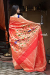 The Exclusive - Limited Edition Muniya Border - Authentic Handloom Pure Silk Muniya Border Paithani with all over Zari work on Saree and unique Pallu in Red Color (High Quality Silk and Weaving) - verymuchindian.com