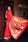 The Exclusive ~ Muniya Border Paithani in Bright Red and Gold Border and Grand Pallu, High Quality Weaving - verymuchindian.com