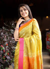 Top Selling ~ Pure Linen with Hand Block Printing - Mustard Yellow with Dual Color Border Orange and Pink - verymuchindian.com
