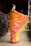 Top Selling ~ Pure Linen with Hand Block Printing - Mustard Yellow with Dual Color Border Orange and Pink - verymuchindian.com