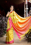 Top Selling ~ Pure Linen with Hand Block Printing - Mustard Yellow with Dual Color Border Orange and Pink - verymuchindian.com