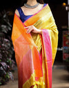 Top Selling ~ Pure Linen with Hand Block Printing - Mustard Yellow with Dual Color Border Orange and Pink - verymuchindian.com