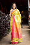 Top Selling ~ Pure Linen with Hand Block Printing - Mustard Yellow with Dual Color Border Orange and Pink - verymuchindian.com