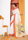 Topselling EXCLUSIVE! Traditional Handloom White Cotton Muniya Border Paithani With Parrots Pallu - verymuchindian.com