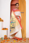 Topselling EXCLUSIVE! Traditional Handloom White Cotton Muniya Border Paithani With Parrots Pallu - verymuchindian.com