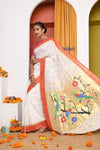 Topselling EXCLUSIVE! Traditional Handloom White Cotton Muniya Border Paithani With Parrots Pallu - verymuchindian.com