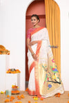 Topselling EXCLUSIVE! Traditional Handloom White Cotton Muniya Border Paithani With Parrots Pallu - verymuchindian.com