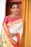Topselling EXCLUSIVE! Traditional Handloom White Cotton Muniya Border Paithani With Parrots Pallu - verymuchindian.com