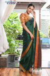 Traditional Khun - Cotton Resham Handwoven Saree (Lush Green with Mustard Border) - verymuchindian.com